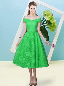 Attractive Tea Length Lace Up Damas Dress Green for Prom and Party and Wedding Party with Bowknot