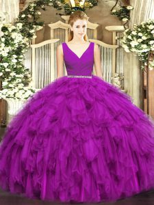 Fuchsia Two Pieces Tulle V-neck Sleeveless Beading and Ruffles Floor Length Zipper 15th Birthday Dress