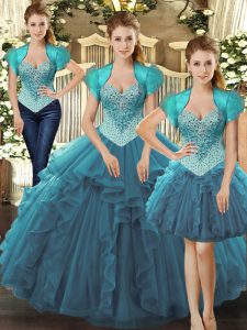 Gorgeous Teal Lace Up Straps Beading and Ruffles Quinceanera Gowns Tulle Sleeveless