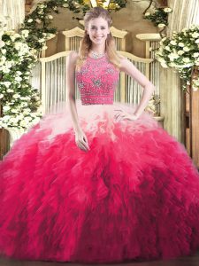 Elegant Multi-color Zipper Halter Top Beading and Ruffles 15 Quinceanera Dress Tulle Sleeveless