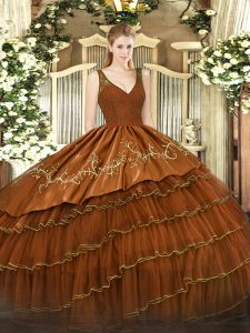 Organza and Taffeta V-neck Sleeveless Backless Beading and Lace and Embroidery and Ruffled Layers Quinceanera Gowns in Rust Red