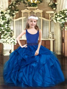 Blue Scoop Zipper Beading and Ruffles Pageant Dress for Teens Sleeveless