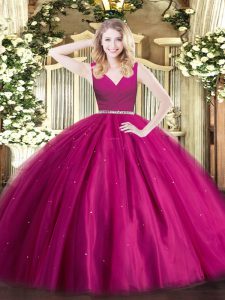 Adorable V-neck Sleeveless Quinceanera Dresses Floor Length Beading Fuchsia Tulle