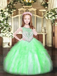 Apple Green Ball Gowns Scoop Sleeveless Organza Floor Length Zipper Beading and Ruffles Pageant Dress Womens