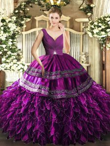 Attractive V-neck Sleeveless Backless Quinceanera Gowns Purple Organza