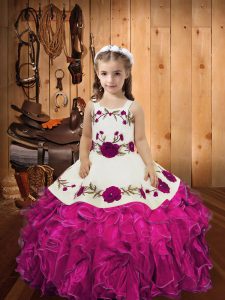 Fuchsia Straps Neckline Embroidery and Ruffles Pageant Gowns For Girls Sleeveless Lace Up