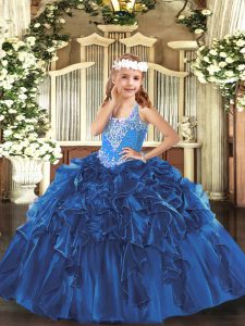 Blue V-neck Lace Up Beading and Ruffles Little Girl Pageant Gowns Sleeveless