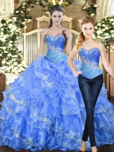 Tulle Sweetheart Sleeveless Lace Up Beading and Ruffles Vestidos de Quinceanera in Baby Blue