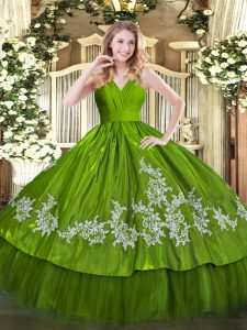 Ball Gowns Quinceanera Dress Olive Green V-neck Satin and Tulle Sleeveless Floor Length Zipper