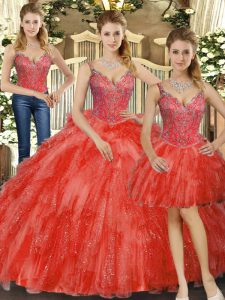 Red Organza Lace Up Straps Sleeveless Floor Length Quince Ball Gowns Beading and Ruffles