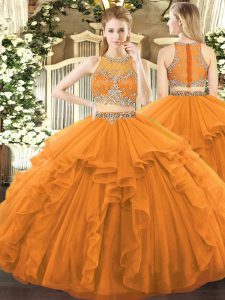 Orange Zipper Scoop Beading and Ruffles Sweet 16 Dresses Tulle Sleeveless