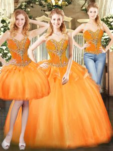Sleeveless Organza Floor Length Lace Up Ball Gown Prom Dress in Orange Red with Beading and Ruffles