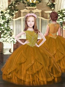 Luxurious Floor Length Zipper Little Girls Pageant Dress Brown for Party and Quinceanera with Beading and Ruffles