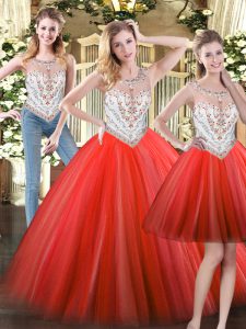 Spectacular Coral Red Ball Gowns Scoop Sleeveless Tulle Floor Length Zipper Beading Sweet 16 Dresses