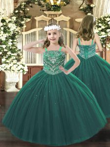 Trendy Floor Length Dark Green Little Girls Pageant Dress Wholesale Tulle Sleeveless Beading