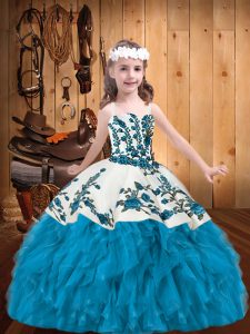 Beauteous Floor Length Baby Blue Little Girls Pageant Gowns Organza Sleeveless Embroidery and Ruffles