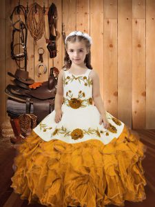 Gold Ball Gowns Straps Sleeveless Organza Floor Length Zipper Embroidery and Ruffles Girls Pageant Dresses