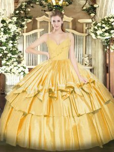 Flirting Taffeta Spaghetti Straps Sleeveless Zipper Ruffled Layers 15 Quinceanera Dress in Gold