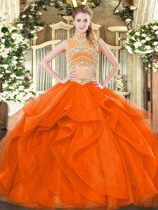 High Class Two Pieces Quinceanera Dresses Orange Red High-neck Tulle Sleeveless Floor Length Backless