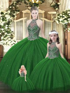 Custom Design Dark Green Ball Gowns Tulle Halter Top Sleeveless Beading Floor Length Lace Up Quinceanera Dress