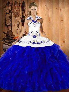 Blue And White Satin and Organza Lace Up Halter Top Sleeveless Floor Length 15th Birthday Dress Embroidery and Ruffles