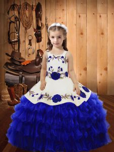 Royal Blue Little Girl Pageant Dress Sweet 16 and Quinceanera with Embroidery and Ruffled Layers Straps Sleeveless Lace Up