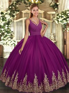 Modest Sleeveless Tulle Floor Length Backless Sweet 16 Dresses in Purple with Beading and Appliques