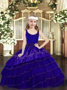 Fantastic Blue Little Girls Pageant Gowns Party and Quinceanera with Beading and Embroidery and Ruffled Layers Scoop Sleeveless Zipper