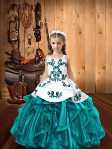 Stylish Sleeveless Organza Floor Length Lace Up Pageant Gowns For Girls in Teal with Embroidery and Ruffles