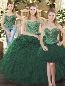 Fabulous Dark Green Ball Gowns Sweetheart Sleeveless Tulle Floor Length Lace Up Beading and Ruffles Quinceanera Gown