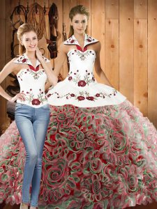 Great Fabric With Rolling Flowers Halter Top Sleeveless Sweep Train Lace Up Embroidery Quinceanera Gowns in Multi-color