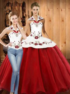 Floor Length White And Red Sweet 16 Quinceanera Dress Halter Top Sleeveless Lace Up