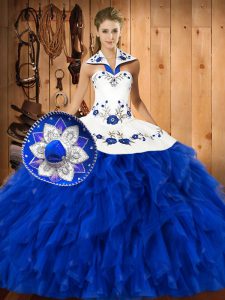 Blue And White 15th Birthday Dress Military Ball and Sweet 16 and Quinceanera with Embroidery and Ruffles Halter Top Sleeveless Lace Up