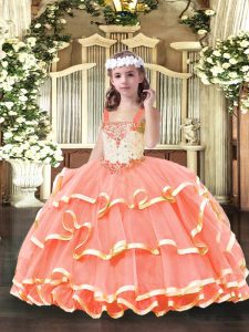 Pretty Floor Length Lace Up Glitz Pageant Dress Orange Red for Party and Quinceanera with Beading and Ruffled Layers