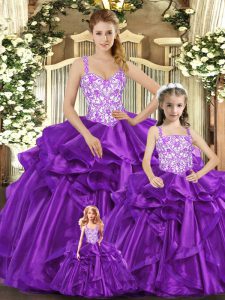 Popular Purple Quince Ball Gowns Military Ball and Sweet 16 and Quinceanera with Beading and Ruffles Straps Sleeveless Lace Up