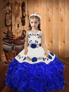 Royal Blue Kids Pageant Dress Sweet 16 and Quinceanera with Embroidery and Ruffles Straps Sleeveless Lace Up