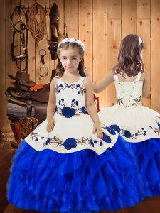 Ball Gowns Little Girls Pageant Dress Wholesale Royal Blue Straps Organza Sleeveless Floor Length Lace Up