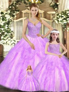 Lilac Straps Lace Up Beading and Ruffles Vestidos de Quinceanera Sleeveless