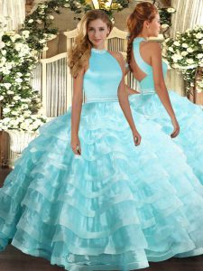 Unique Floor Length Aqua Blue Sweet 16 Dresses Halter Top Sleeveless Backless