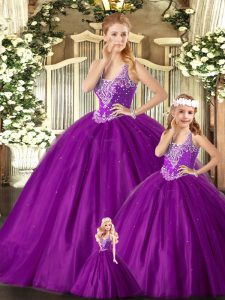 Attractive Purple Straps Neckline Beading Sweet 16 Dresses Sleeveless Lace Up