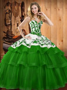Custom Designed Lace Up Sweet 16 Quinceanera Dress Dark Green for Military Ball and Sweet 16 and Quinceanera with Embroidery Sweep Train