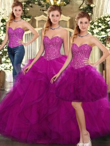 Discount Fuchsia Organza Lace Up Sweet 16 Quinceanera Dress Sleeveless Floor Length Beading and Ruffles