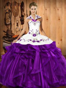 Lovely Purple Lace Up Halter Top Embroidery and Ruffles 15 Quinceanera Dress Organza Sleeveless