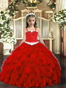 Straps Sleeveless Winning Pageant Gowns Floor Length Appliques and Ruffles Wine Red Organza