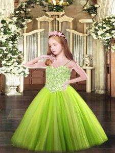 Yellow Green Spaghetti Straps Neckline Appliques Glitz Pageant Dress Sleeveless Lace Up