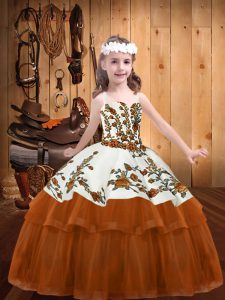 Lovely Ball Gowns Little Girls Pageant Gowns Rust Red Straps Organza Sleeveless Floor Length Lace Up