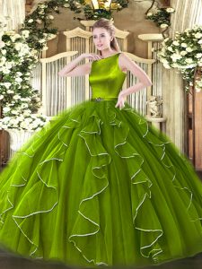 Floor Length Olive Green Quince Ball Gowns Scoop Sleeveless Clasp Handle