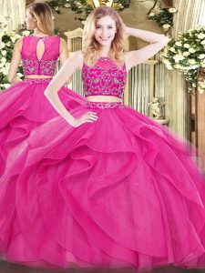 Latest Hot Pink Tulle Zipper Scoop Sleeveless Floor Length Sweet 16 Dress Beading and Ruffles