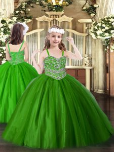 Modern Straps Sleeveless Little Girls Pageant Gowns Floor Length Beading Green Tulle