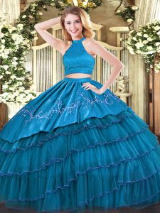 Glittering Teal Halter Top Backless Beading and Embroidery and Ruffled Layers Vestidos de Quinceanera Sleeveless